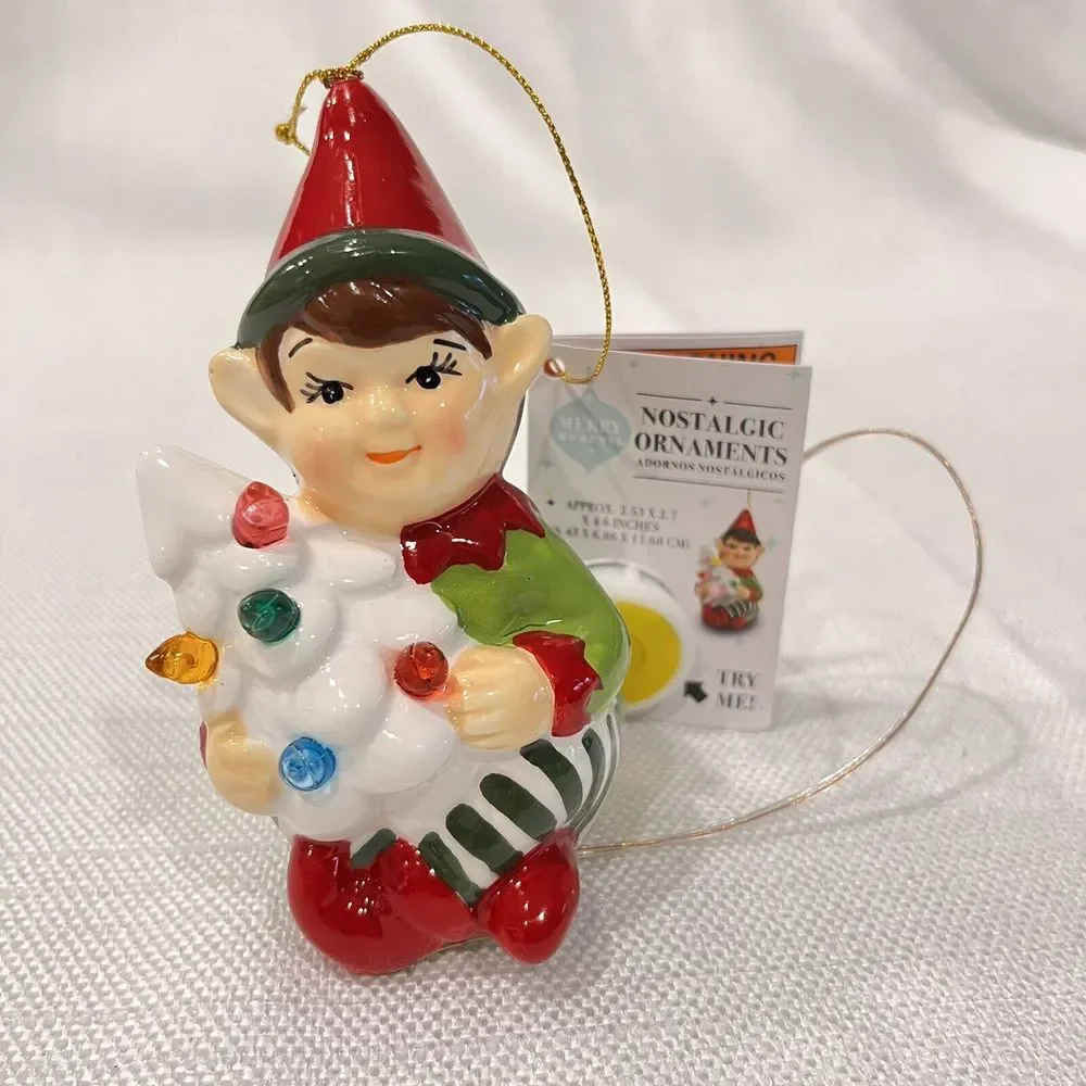 Hand-Painted Ceramic Elf w/ Christmas Tree Light-Up‎ Ornament by Merry Moments